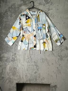 Dolcezza Simply Art Linen Blend Hooded Jacket Large Abstract Print Artsy Boho